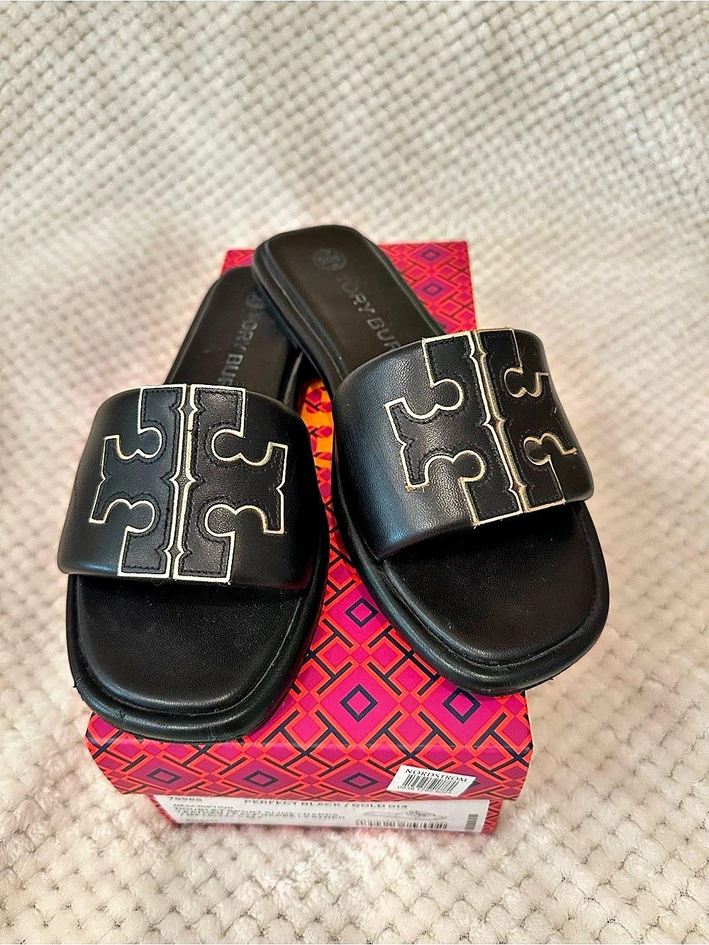 Tory Burch Double T Sport Slide Leather Slides Black & Pink US 7.5